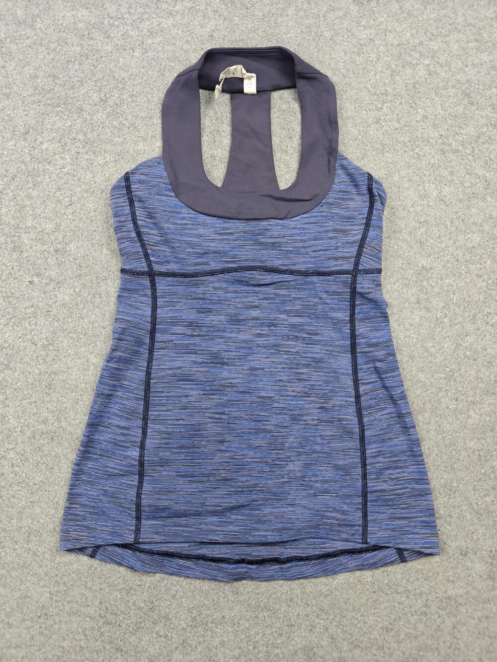 Lululemon Tank Top Womens 6 Blue Striped Built-In Bra High Neck Yoga Athletic